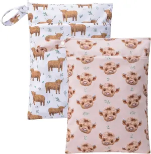 2pcs Waterproof Wet Bag for Baby, Cloth Diapers, Pump Parts with Two Zippered Pockets & Handle, Travel wet dry bag For swimsuit and towels, Beach Pool Daycare， Gym Clothes, Toiletry (Highland Cows 2)