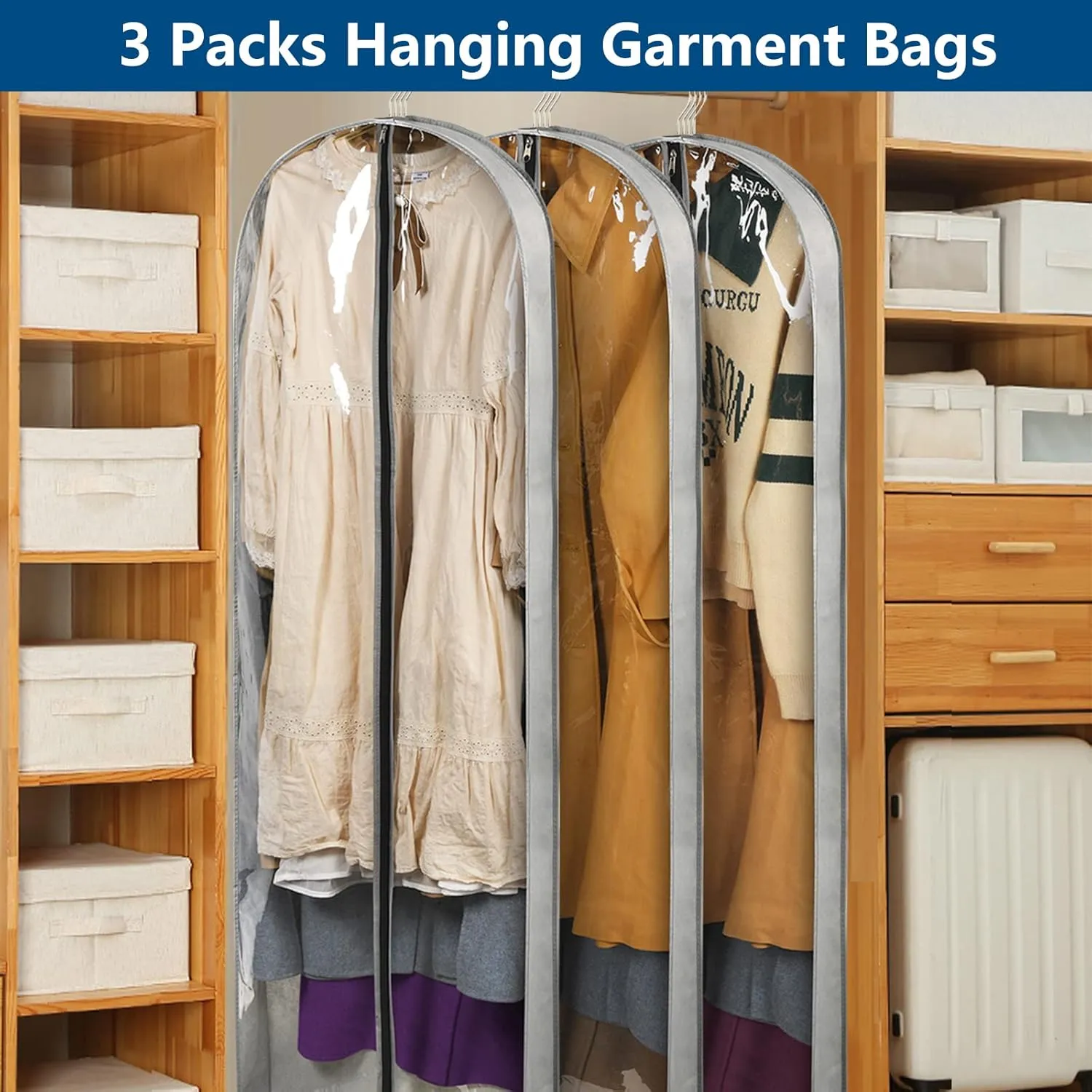 3 Pack 60" Long Garment Bags for Hanging Clothes Storage, Clear Moth Proof Suits Covers with 4" Gussets for Closet Storage Travel, Plastic Protector for Dress Gowns, Coats, Suit, Down Jacket