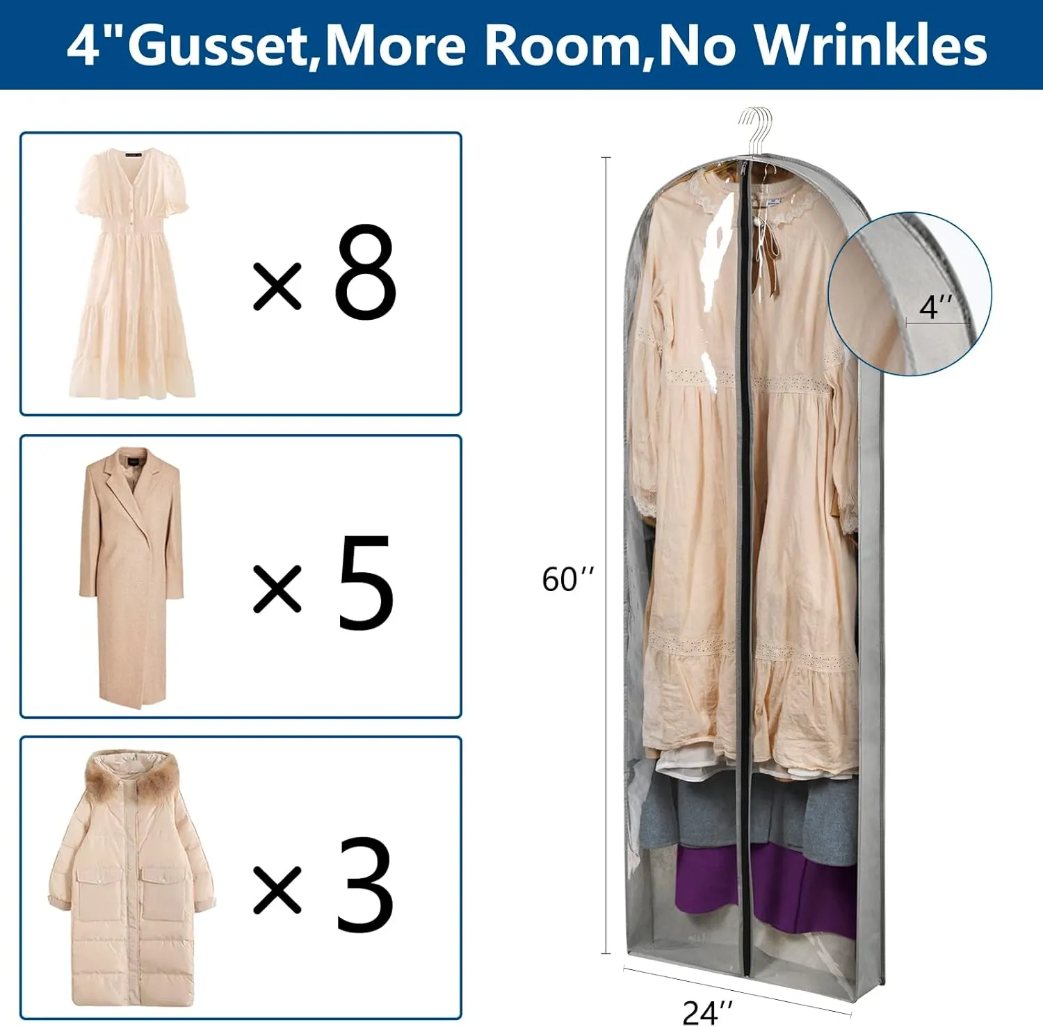 3 Pack 60" Long Garment Bags for Hanging Clothes Storage, Clear Moth Proof Suits Covers with 4" Gussets for Closet Storage Travel, Plastic Protector for Dress Gowns, Coats, Suit, Down Jacket