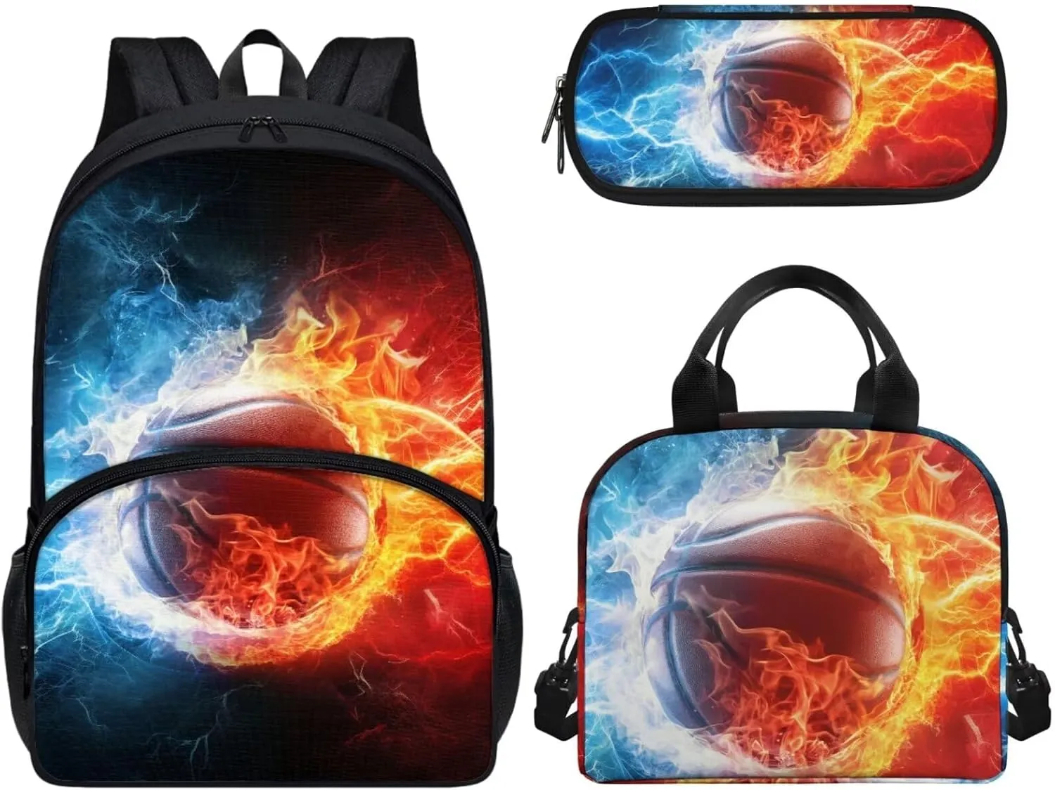 3 Pieces Basketball Print Backpack for Boys, School Student Personalized, with Lunch Box Pencil Bags Black Schoolbag for Kids