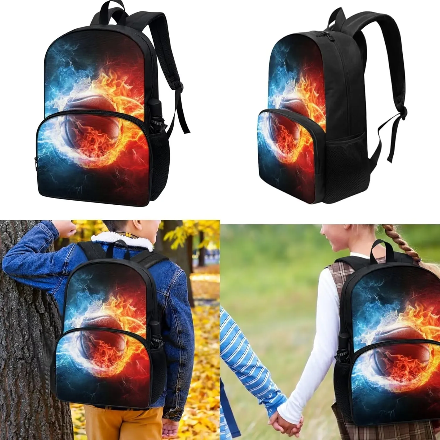 3 Pieces Basketball Print Backpack for Boys, School Student Personalized, with Lunch Box Pencil Bags Black Schoolbag for Kids