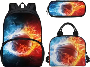 3 Pieces Basketball Print Backpack for Boys, School Student Personalized, with Lunch Box Pencil Bags Black Schoolbag for Kids