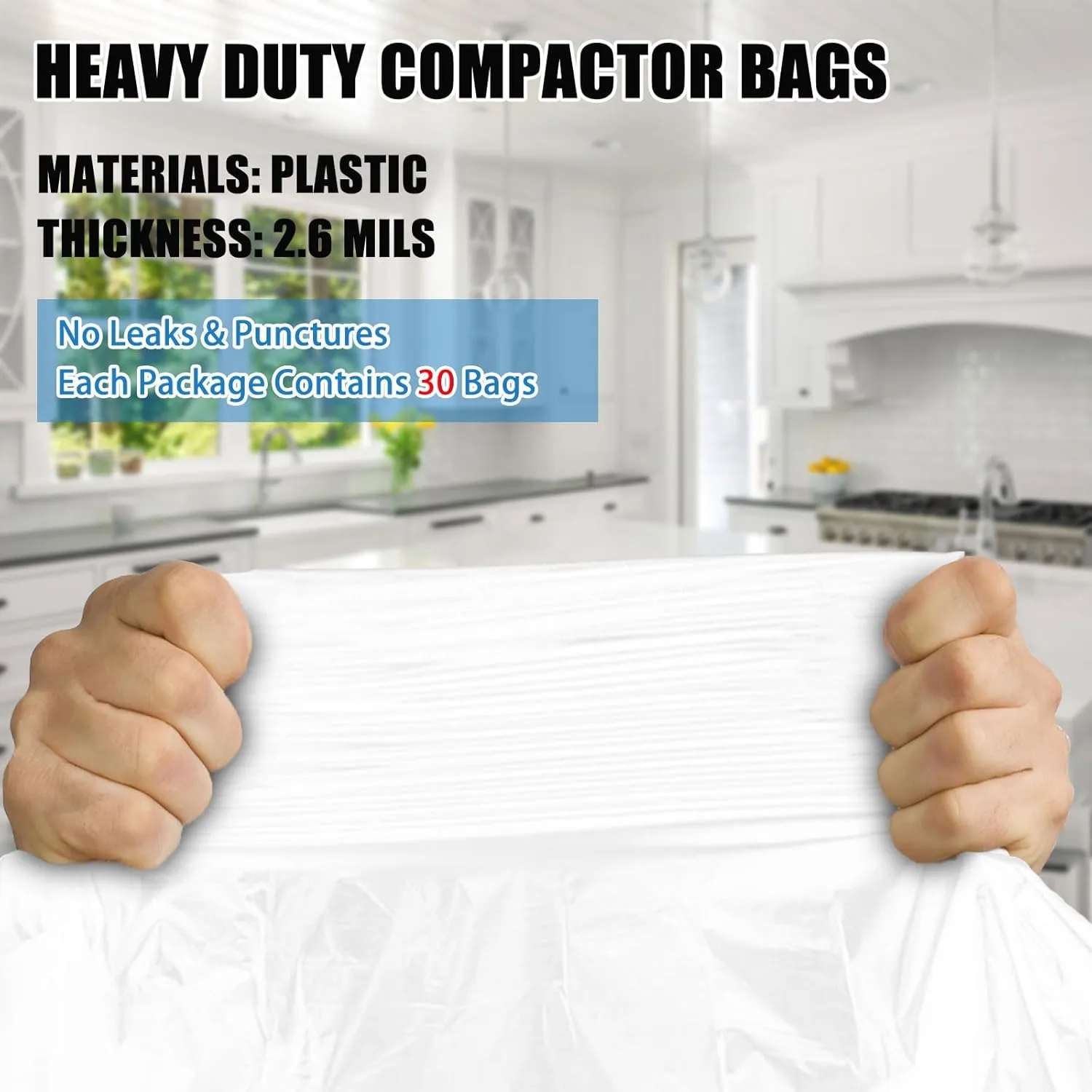 30-pack Trash Compactor Bags with Pre-punched Holes for Attaching, 2.6 mils Heavy Duty Trash Compactor Bags, Fits 15-inch Rectangular Drawer Compactors, Twist Ties Included, White