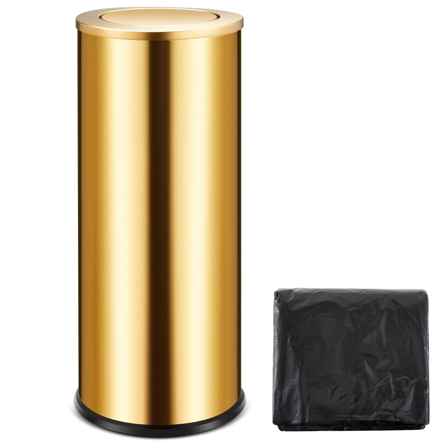 30L/8GAL Gold Lidded Trash Can with 100 Garbage Bags Metallic Gold Brass Kitchen Garbage Bin with Flipping Lid Commercial Compact Waste Basket for Shopping Centers, Elevator Doors, Hotels