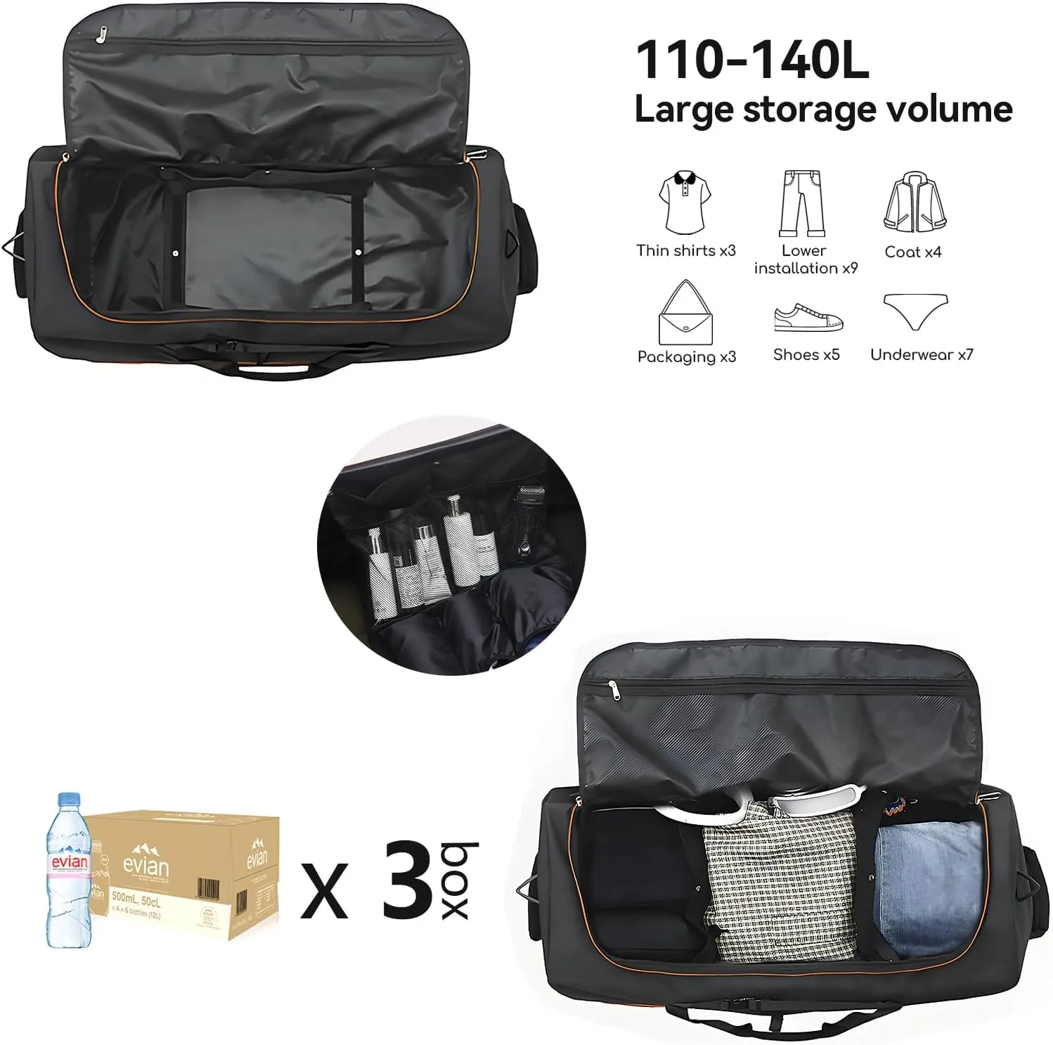 32" Soft-Sided Wheeled Luggage Bag,110L Expandable 140L Rolling Duffle Bag,Foldable Large Travel Bags with 2 Wheels,No Telescope Handle,Black-orange