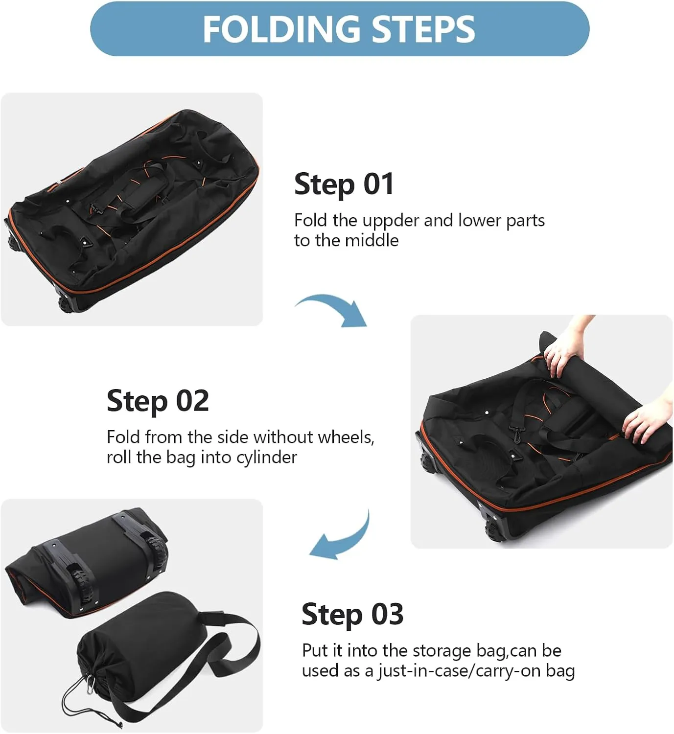 32" Soft-Sided Wheeled Luggage Bag,110L Expandable 140L Rolling Duffle Bag,Foldable Large Travel Bags with 2 Wheels,No Telescope Handle,Black-orange
