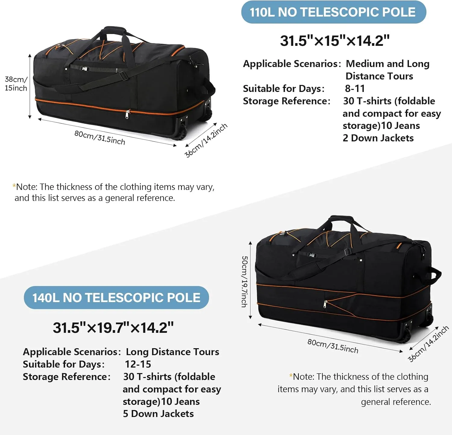 32" Soft-Sided Wheeled Luggage Bag,110L Expandable 140L Rolling Duffle Bag,Foldable Large Travel Bags with 2 Wheels,No Telescope Handle,Black-orange