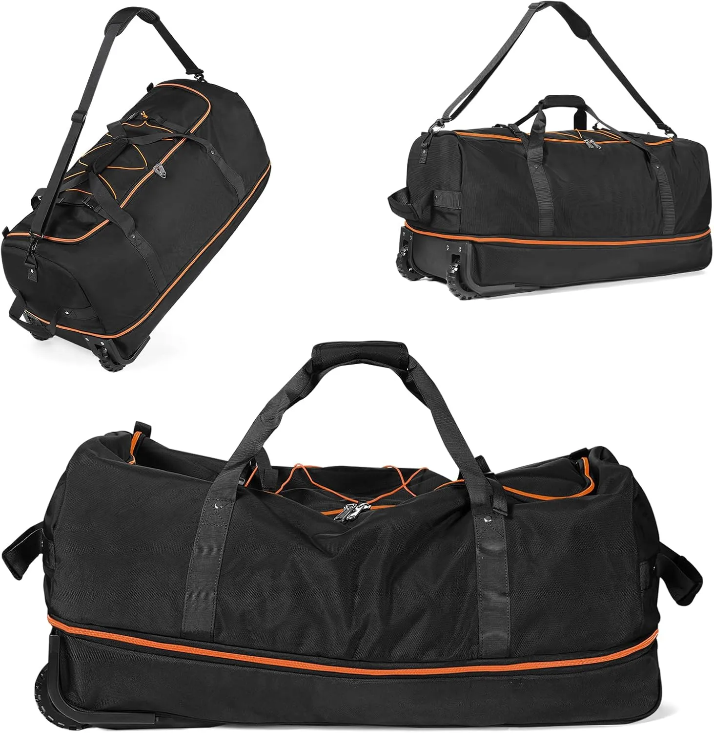 32" Soft-Sided Wheeled Luggage Bag,110L Expandable 140L Rolling Duffle Bag,Foldable Large Travel Bags with 2 Wheels,No Telescope Handle,Black-orange