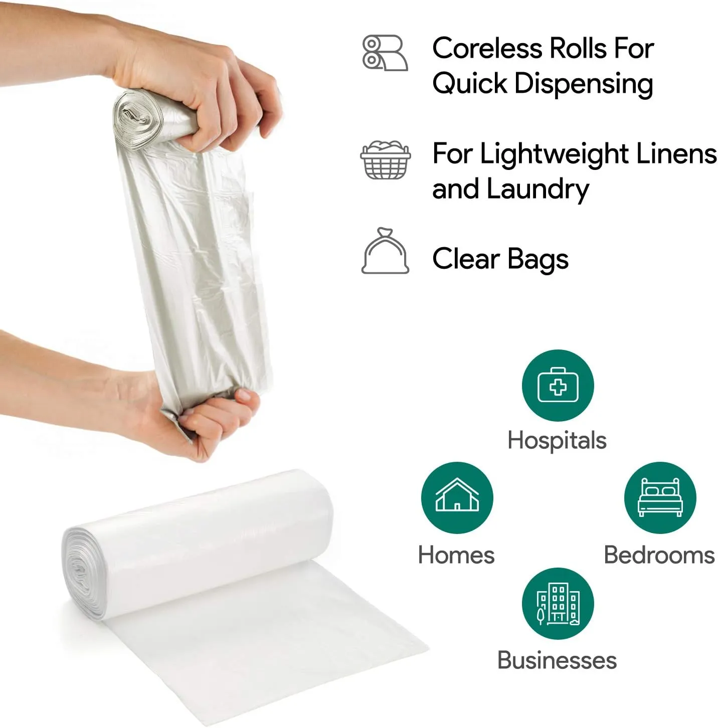 33 Gallon Clear Garbage Can Liners, 250 Count - 30-40 Gallon Large Trash Can Liners - High Density, Thin, Lightweight, 10 Microns -For Office, Home, Hospital, Wastebaskets -10 Coreless Rolls