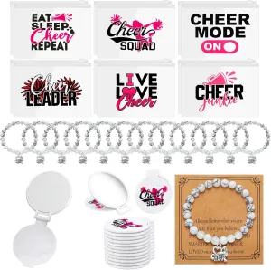36 Pcs Cheerleader Gifts Set Including 12 Pcs Portable Zipper Cheer Makeup Bag 12 Pcs Compact Mirror 12 Pcs Cheer Bracelet Cheerleader Party Favors for Women Cheerleading Team Teammates