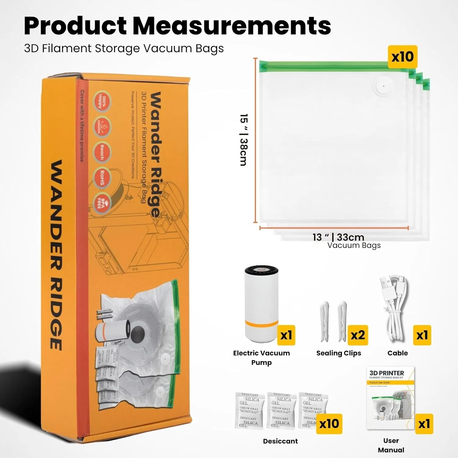 3D Printer Filament Storage Bags Vacuum Storage Bags Kit 3D Printer Accessories with Storage Bags (13x15 inches), Desiccants, Auto Pump, Sealing Clips, Humidity Resistant (10 Bags   Electric Pump)