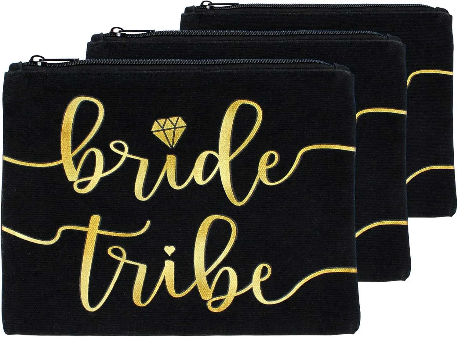3pc Bride Tribe Makeup Bags - Bridesmaid Favor for Bachelorette Party, Bridal Shower, Wedding. Also great as Toiletry Bag, Wedding Survival Kit, Hangover Kit, Keepsake (3pc Pack, Black & Gold)