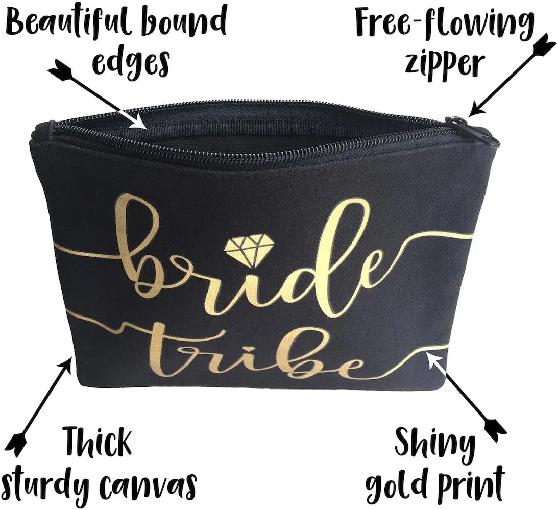 3pc Bride Tribe Makeup Bags - Bridesmaid Favor for Bachelorette Party, Bridal Shower, Wedding. Also great as Toiletry Bag, Wedding Survival Kit, Hangover Kit, Keepsake (3pc Pack, Black & Gold)