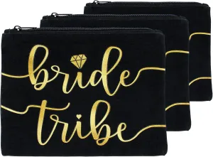 3pc Bride Tribe Makeup Bags - Bridesmaid Favor for Bachelorette Party, Bridal Shower, Wedding. Also great as Toiletry Bag, Wedding Survival Kit, Hangover Kit, Keepsake (3pc Pack, Black & Gold)