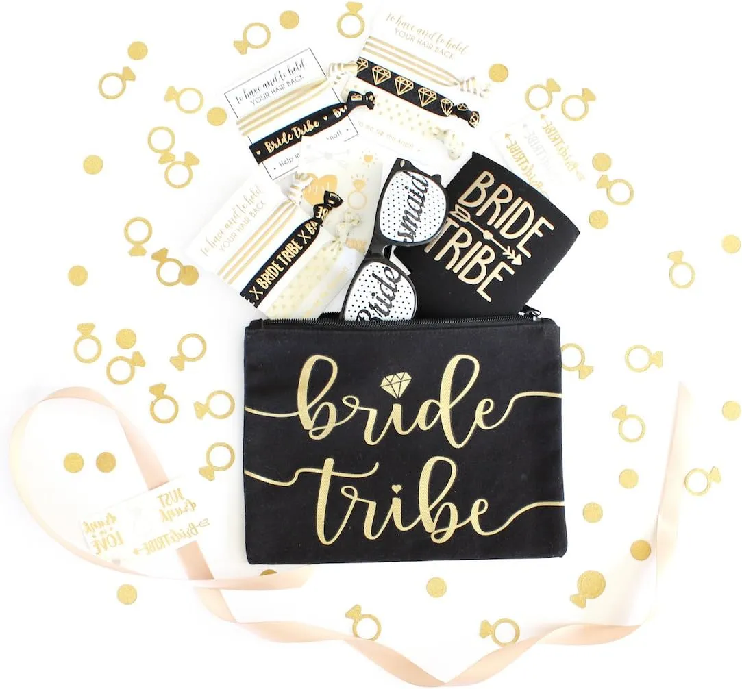 3pc Bride Tribe Makeup Bags - Bridesmaid Favor for Bachelorette Party, Bridal Shower, Wedding. Also great as Toiletry Bag, Wedding Survival Kit, Hangover Kit, Keepsake (3pc Pack, Black & Gold)