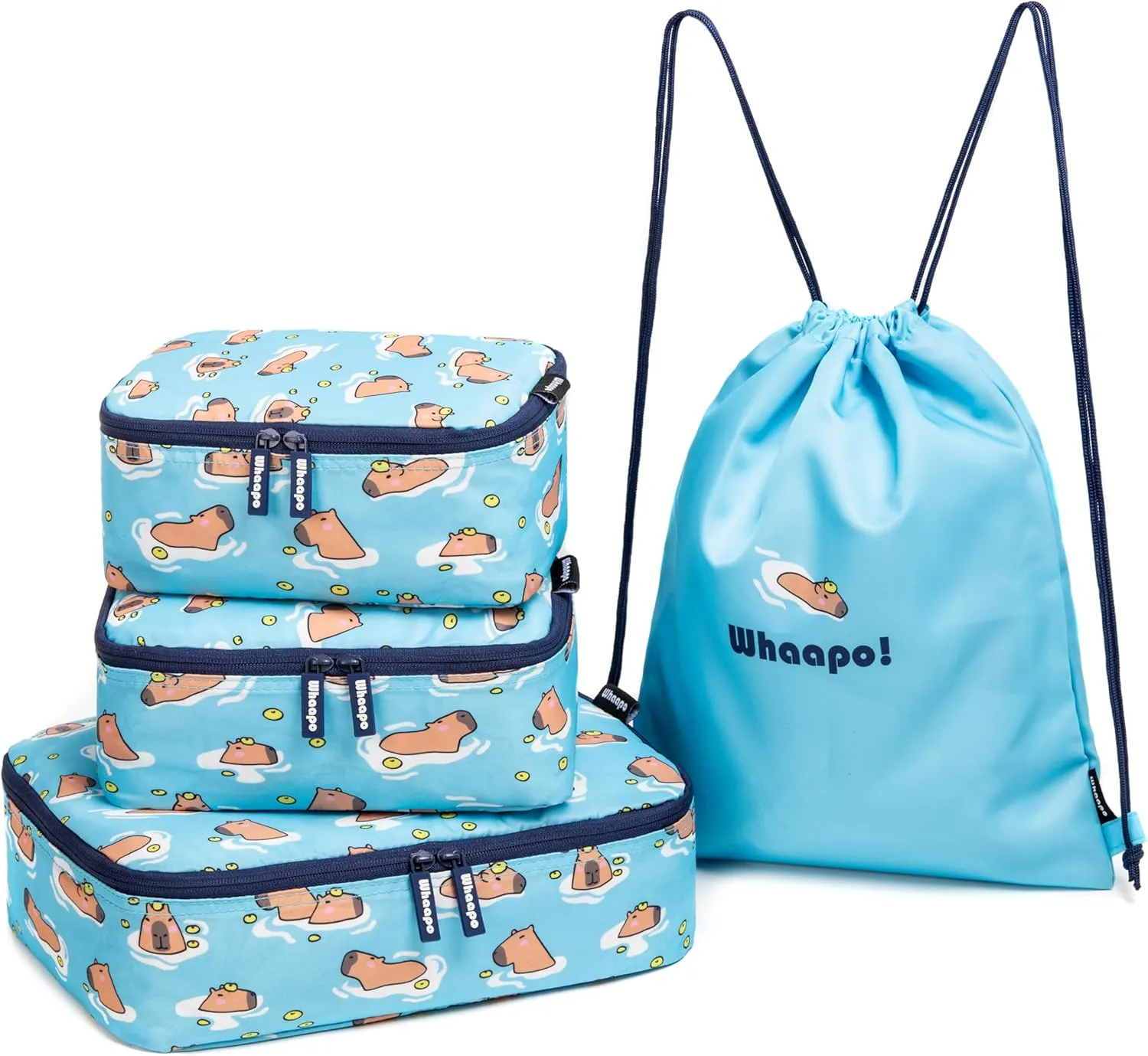 4 Pieces Capybara Cute Packing Cubes - Travel Organizer - Suitcase Organizers for Carry On Luggage - Kids And Diaper Bag - Fun Accessories - Drawstring Laundry Bag