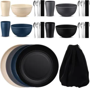 4 Sets Camping Mess Kits for 4 Person Camping Silverware Set Include Cup, Bowl, Plate, Knife, Spoon, Fork Cutlery Set Unbreakable Wheat Straw Dinnerware Utensils for Travel, Picnic, Outdoor
