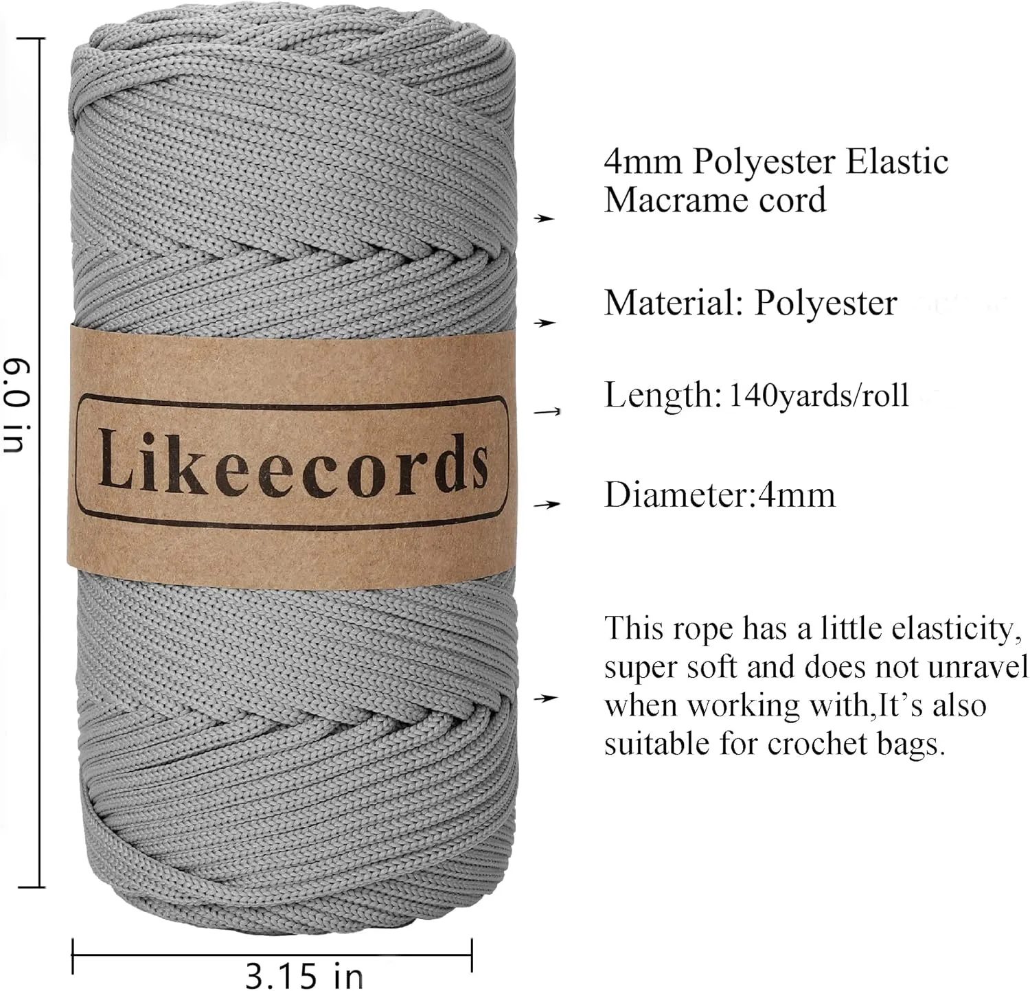 4mm Polyester Braided Macrame Cord 140Yards /426Feet,Elastic Yarn for Crocheting Bag Cord for DIY Crafts,Plant Hangers, Bag, and Home Decorations (Gray)