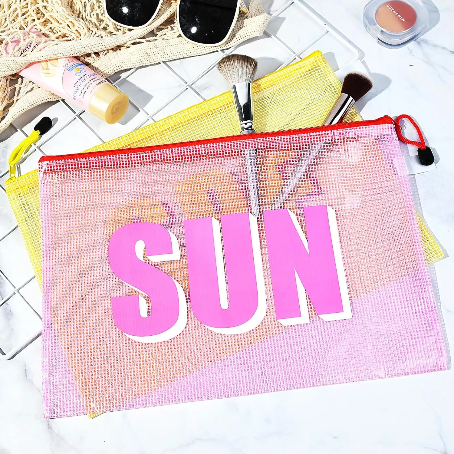 4PCS Beach Makeup Bags SPF Cosmetic Bags for Women Girls Summer Varsity Zipper Pouch Clear Waterproof Beach Toiletry Organizer Trendy PVC Makeup Bag for Travel Sandproof Essential