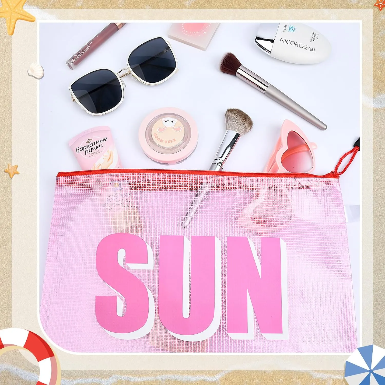 4PCS Beach Makeup Bags SPF Cosmetic Bags for Women Girls Summer Varsity Zipper Pouch Clear Waterproof Beach Toiletry Organizer Trendy PVC Makeup Bag for Travel Sandproof Essential