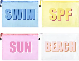 4PCS Beach Makeup Bags SPF Cosmetic Bags for Women Girls Summer Varsity Zipper Pouch Clear Waterproof Beach Toiletry Organizer Trendy PVC Makeup Bag for Travel Sandproof Essential
