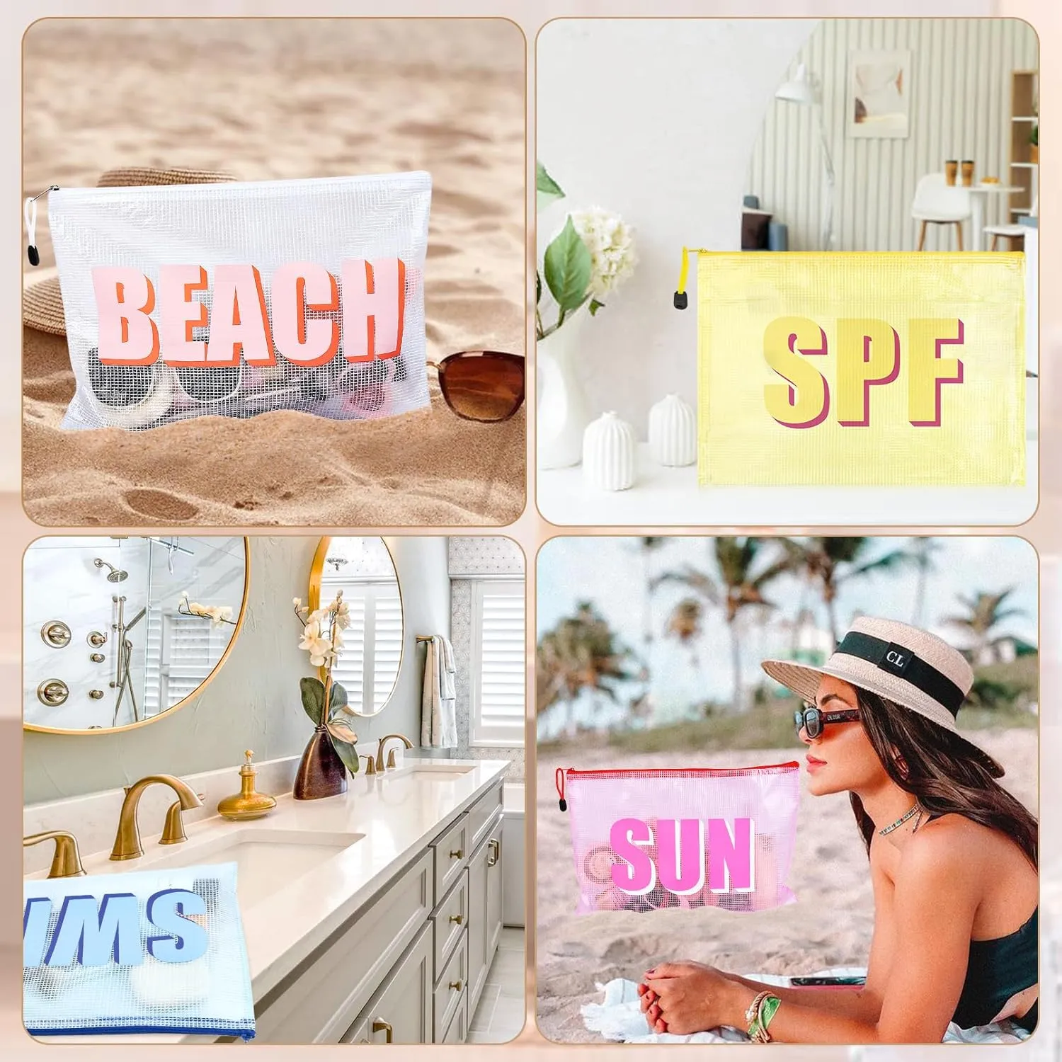 4PCS Beach Makeup Bags SPF Cosmetic Bags for Women Girls Summer Varsity Zipper Pouch Clear Waterproof Beach Toiletry Organizer Trendy PVC Makeup Bag for Travel Sandproof Essential