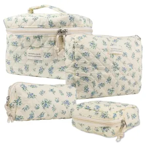 4PCS Makeup Cosmetic Bag Large Capacity Quilted Makeup Bag Set with Handle & Zipper Terylene Flower Makeup Bag for Women Toiletry Bag Organizer Supplies Quilted Makeup Bag Set
