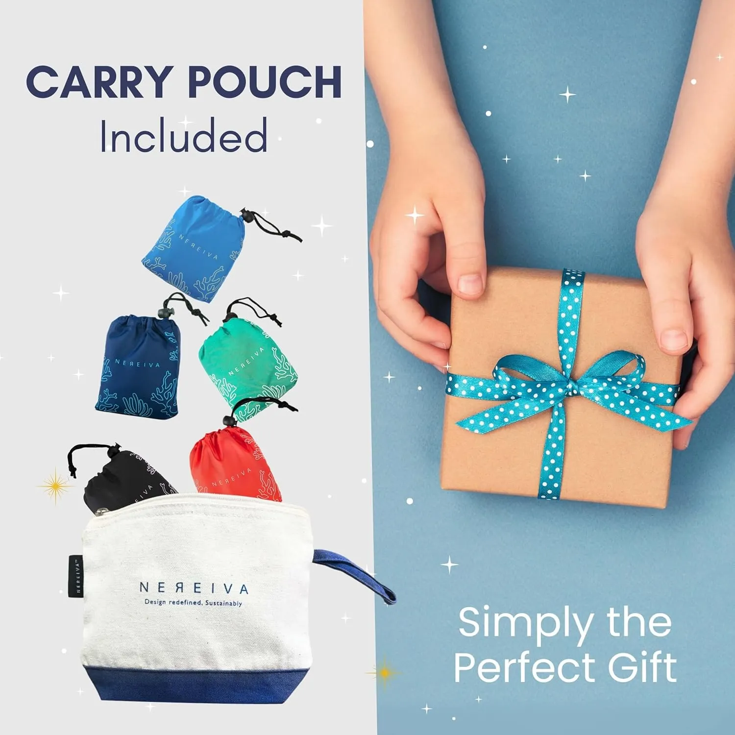 5 Pack Foldable Grocery Bags into Tiny Pouch - Large Capacity Multi-Color, Great for Travel, Durable, Washable Packable Shopping Bag, Comes with a carry pouch, Lightweight