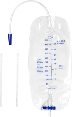 5 Pack Urinary Drainage Bag 1000ml/cc Catheter Leg Bag, Anti-Reflux Valve, Easy Flip Drain, Elastic Adjustable Cloth Straps, Individual Package