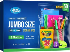 50 Large Plastic Bags With Zipper Top - 3 Gallon Bags 16" x 18", Extra Large Storage Bags for Clothes, Travel, Moving, Reusable freezer bags, BPA-Free, 2-mil Thick