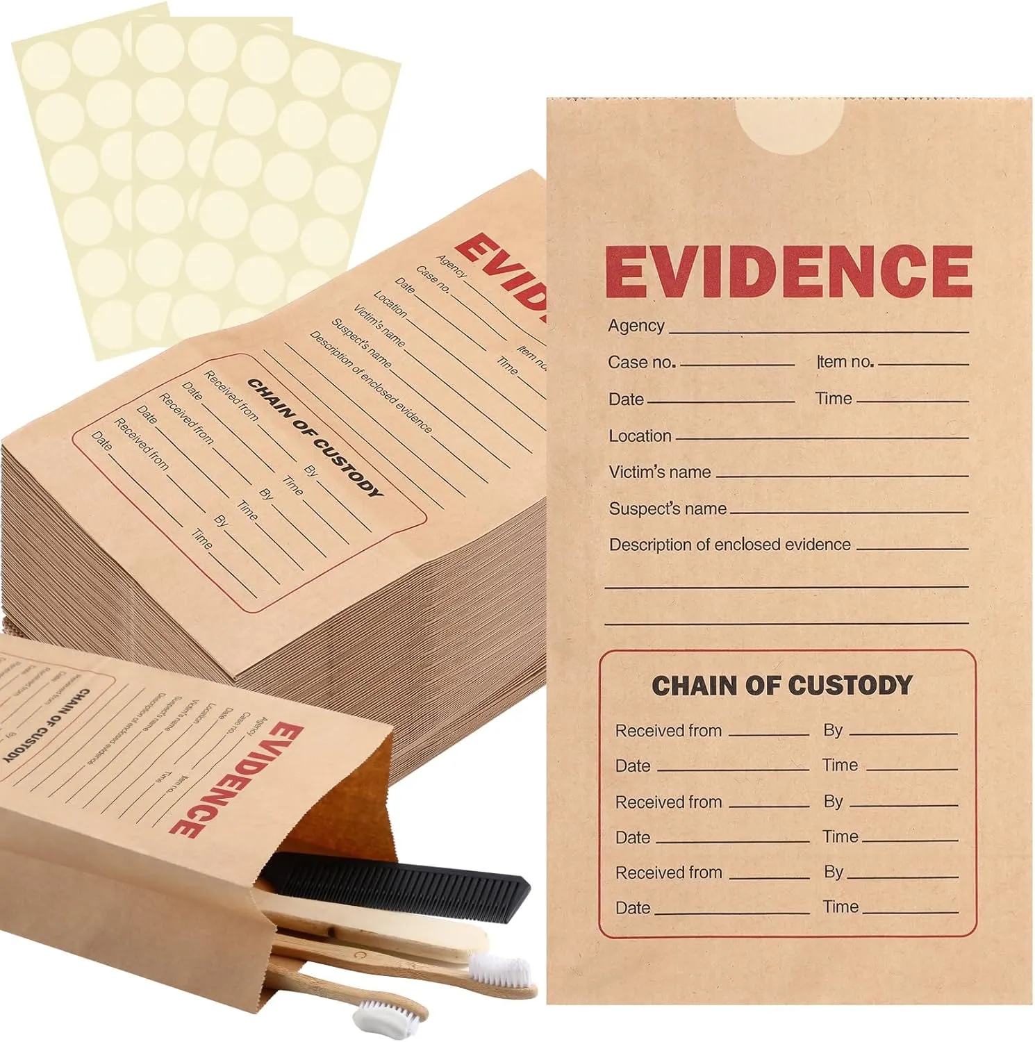 50 Pack Paper Evidence Bag 9.45 x 5.12 x 3.15 Inches with Dot Self Adhesive Stickers Crime Scene Paper Evidence Bag for Receipts Goodie Storage with Sealing Sticker for Theme Birthday Party