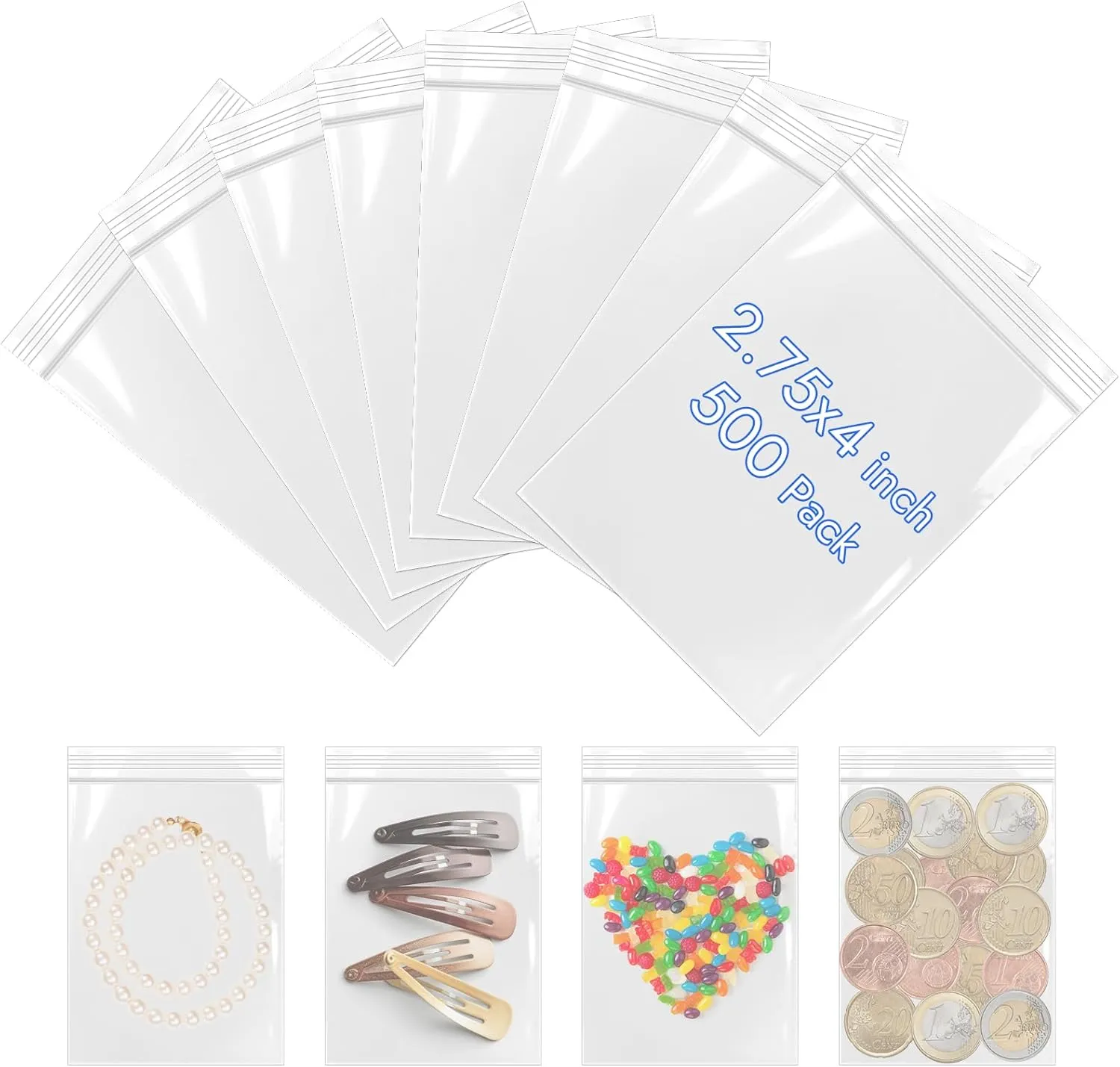 500 Pcs Small Resealable Bags, 2.75 X 4 Inch Plastic Bags, 2 Mil Thick Mini Storage Bag with Lock Seal Zipper, Suitable for Candy, Jewelry, Coins, Parts