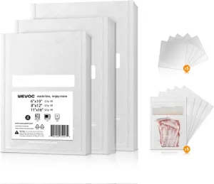 6" x 10", 8" x 12" and 11" x 16" Precut Vacuum Sealer Bags, 150 Count, Includes 5 Liquid Block Bags & 5 Bone Guard Pieces, Heavy Duty for Food Storage, Sous Vide & Meal Prep, Wevac