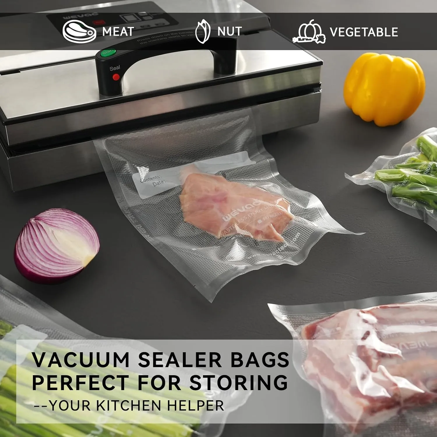 6" x 10", 8" x 12" and 11" x 16" Precut Vacuum Sealer Bags, 150 Count, Includes 5 Liquid Block Bags & 5 Bone Guard Pieces, Heavy Duty for Food Storage, Sous Vide & Meal Prep, Wevac