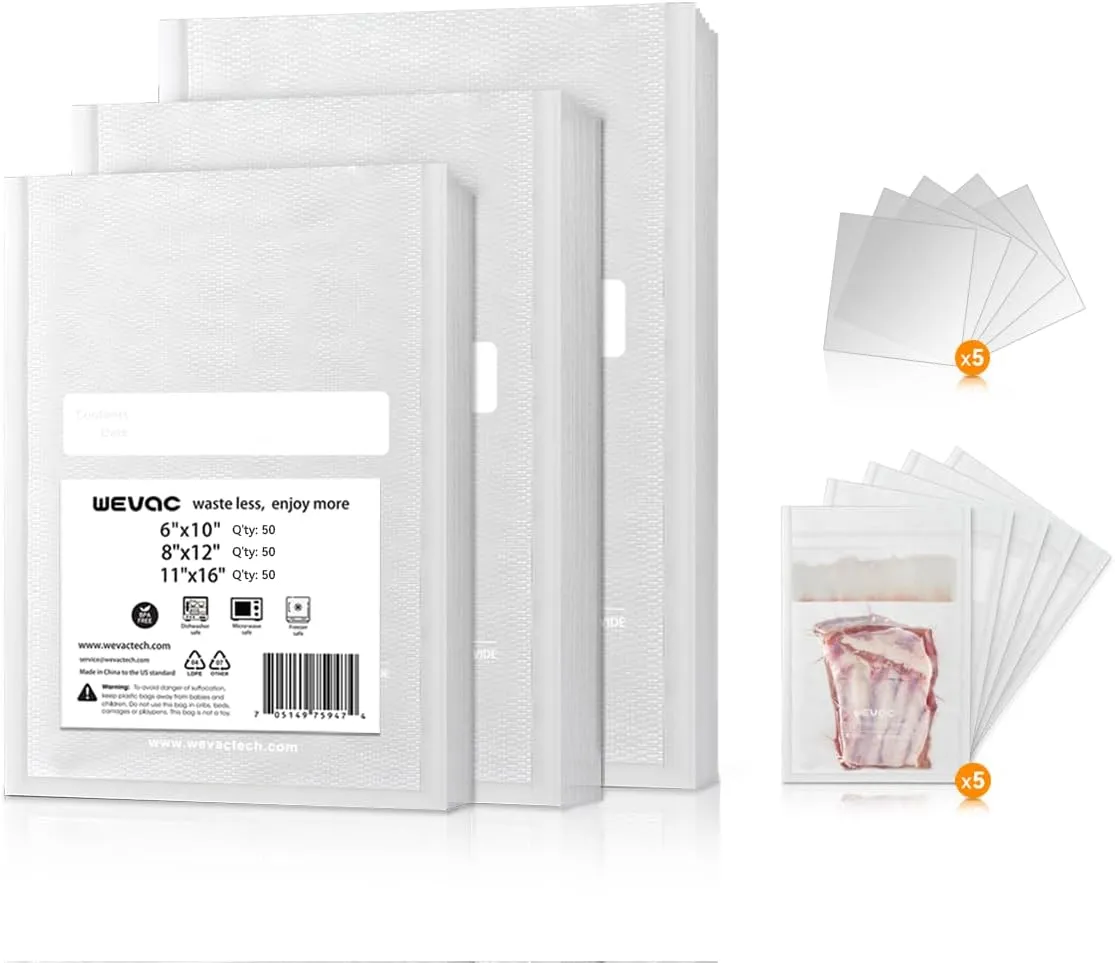 6" x 10", 8" x 12" and 11" x 16" Precut Vacuum Sealer Bags, 150 Count, Includes 5 Liquid Block Bags & 5 Bone Guard Pieces, Heavy Duty for Food Storage, Sous Vide & Meal Prep, Wevac