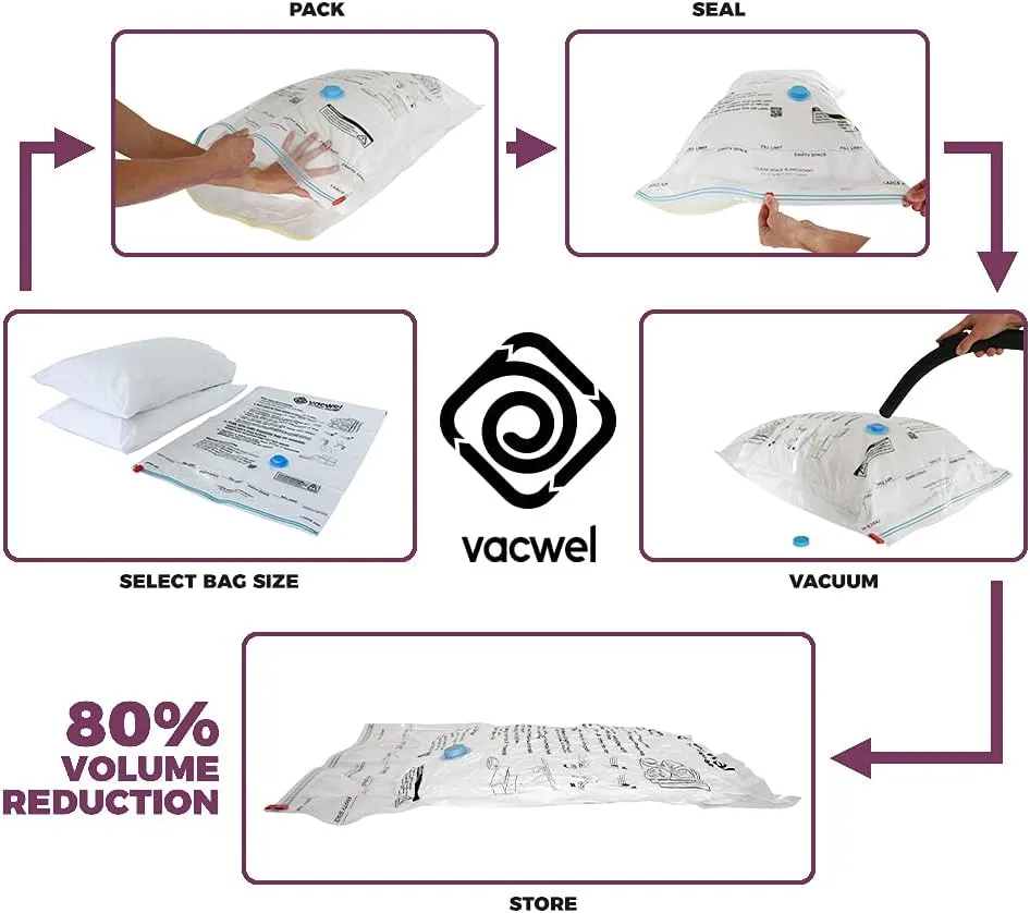 8-Pack Variety - Ziplock Vacuum Storage Bags for Clothes - Space Saver Bags for Packing Clothes - Vacuum Space Savers – 2xJumbo (43x30in)  2xLarge (32x21in)  4xMedium (28x20in)   Bonus Hand Pump