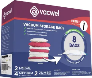 8-Pack Variety - Ziplock Vacuum Storage Bags for Clothes - Space Saver Bags for Packing Clothes - Vacuum Space Savers – 2xJumbo (43x30in)  2xLarge (32x21in)  4xMedium (28x20in)   Bonus Hand Pump