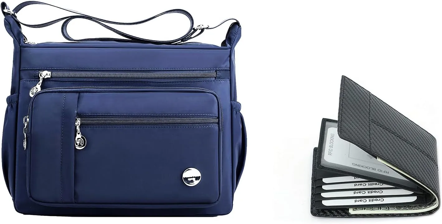 A bundling of cross-body shoulder bags and RFID card wallet for ladies(blue-small)