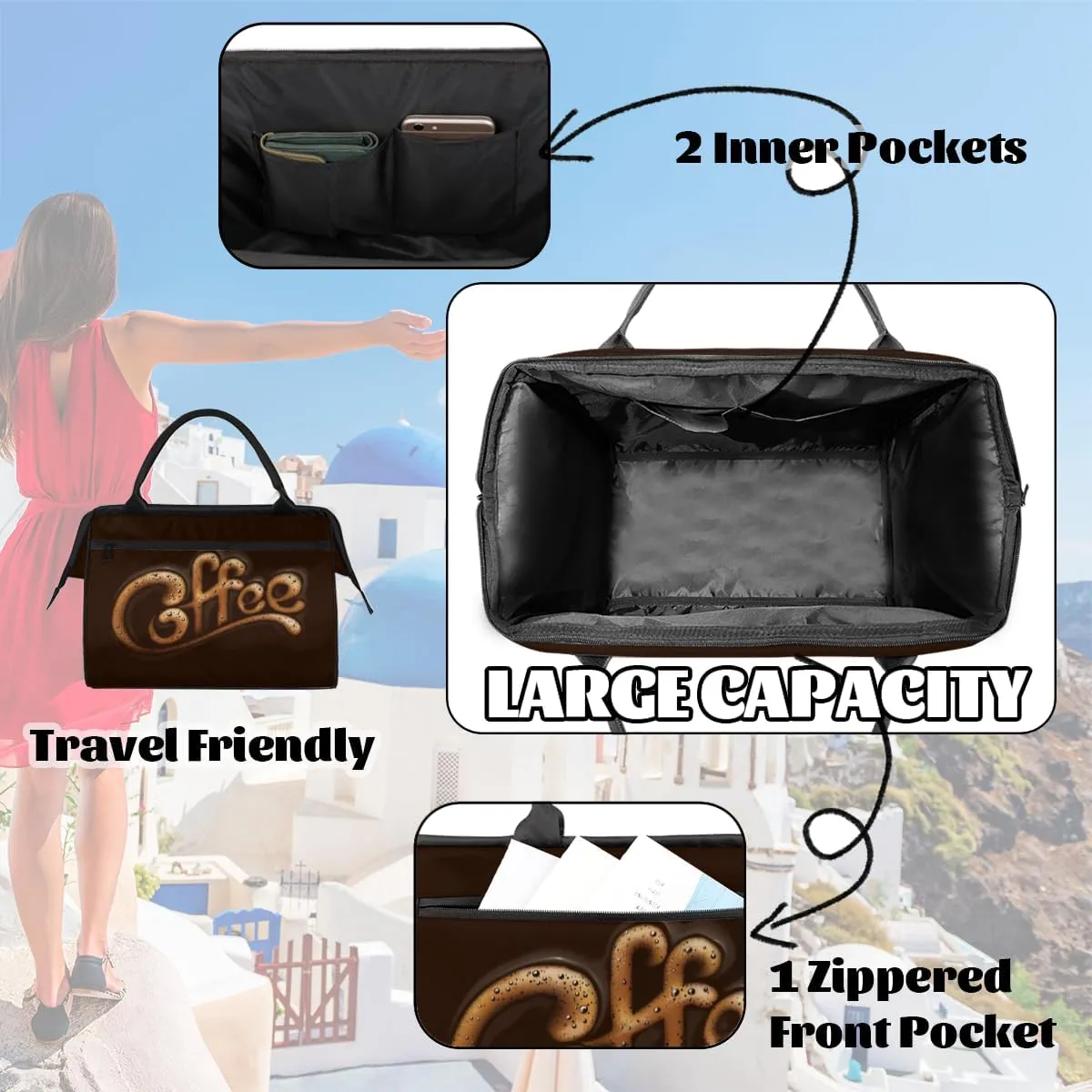 Abstract Coffee Letters Weekender Overnight Bag for Women Waterproof Carry On Travel Duffle Bags with Pocket Lightweight Sports Gym Tote Bag Large Luggage Workout Personal Item Hospital Bags