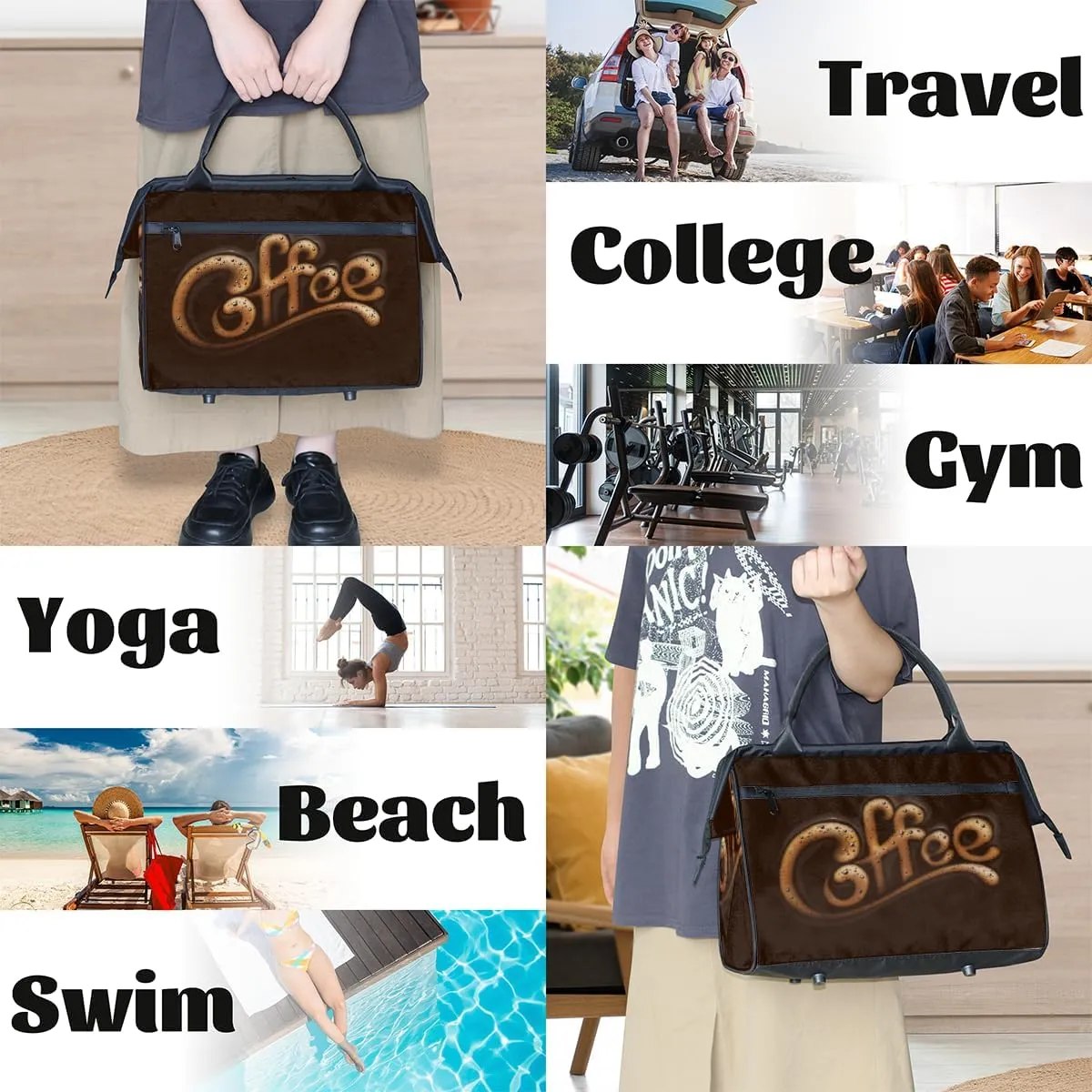 Abstract Coffee Letters Weekender Overnight Bag for Women Waterproof Carry On Travel Duffle Bags with Pocket Lightweight Sports Gym Tote Bag Large Luggage Workout Personal Item Hospital Bags