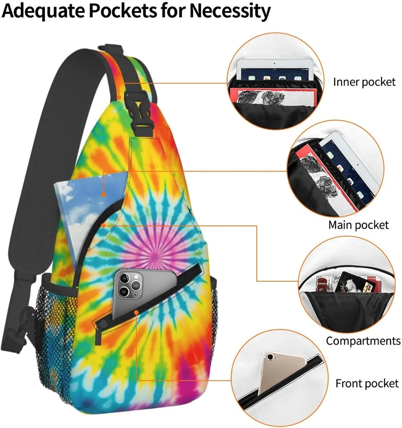 Abstract Rainbow Tie Dye Pattern Chest Bags Crossbody Sling Bag Shoulder Bag Travel Hiking Daypack For Men Women
