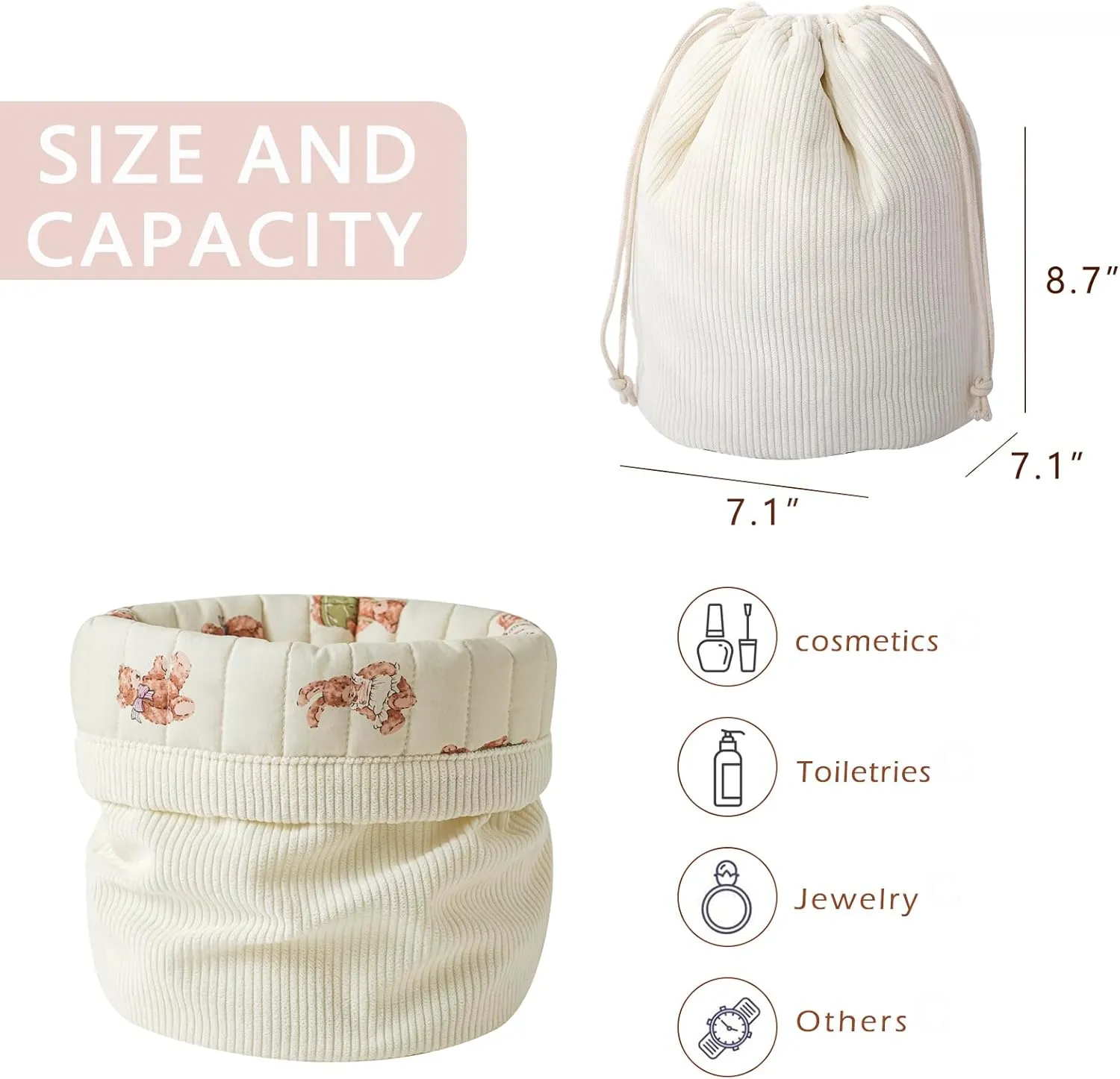 Aesthetic Corduroy Drawstring Makeup Bag with Quilted Lining, Coquette Quilted Cotton Cosmetic Bag, Portable Travel Organized Toiletry Bag for Women Girls（05White Rabbit Bear）