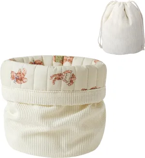Aesthetic Corduroy Drawstring Makeup Bag with Quilted Lining, Coquette Quilted Cotton Cosmetic Bag, Portable Travel Organized Toiletry Bag for Women Girls（05White Rabbit Bear）