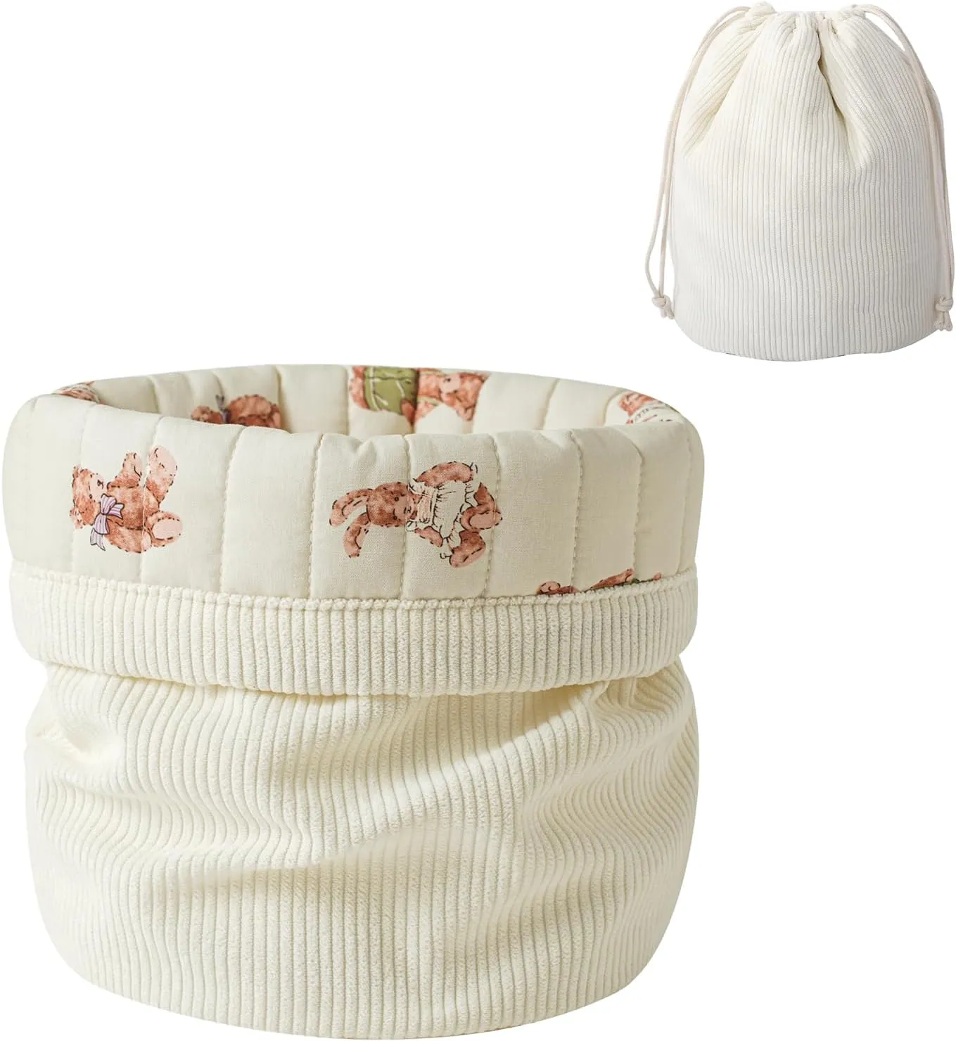 Aesthetic Corduroy Drawstring Makeup Bag with Quilted Lining, Coquette Quilted Cotton Cosmetic Bag, Portable Travel Organized Toiletry Bag for Women Girls（05White Rabbit Bear）