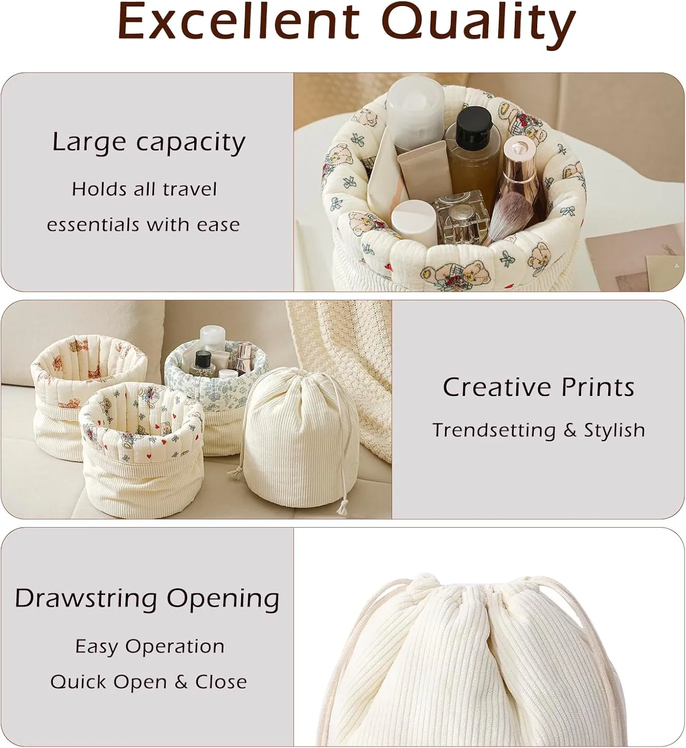 Aesthetic Corduroy Drawstring Makeup Bag with Quilted Lining, Coquette Quilted Cotton Cosmetic Bag, Portable Travel Organized Toiletry Bag for Women Girls（05White Rabbit Bear）