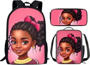 Afro Girl Backpack with Lunch Box for Girls Pink African Bookbag Teen Kids School Bags,Primary/Elementary Student High School Student Bookbag 17 inch