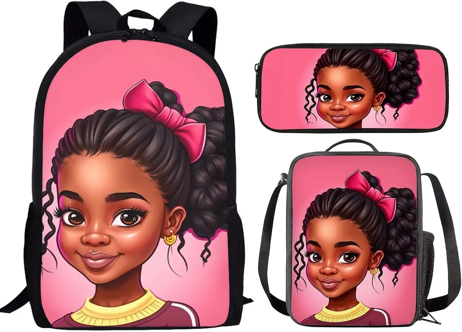 Afro Girl Backpack with Lunch Box for Girls Pink African Bookbag Teen Kids School Bags,Primary/Elementary Student High School Student Bookbag 17 inch