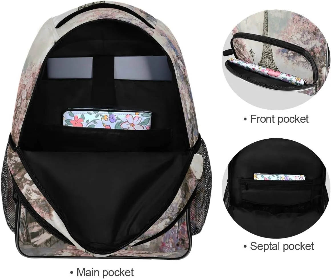 ALAZA Street Cherry Blossom Paris Eiffel Tower Oil Painting Art School Bag Casual Daypack Book Bags for Primary Junior High School