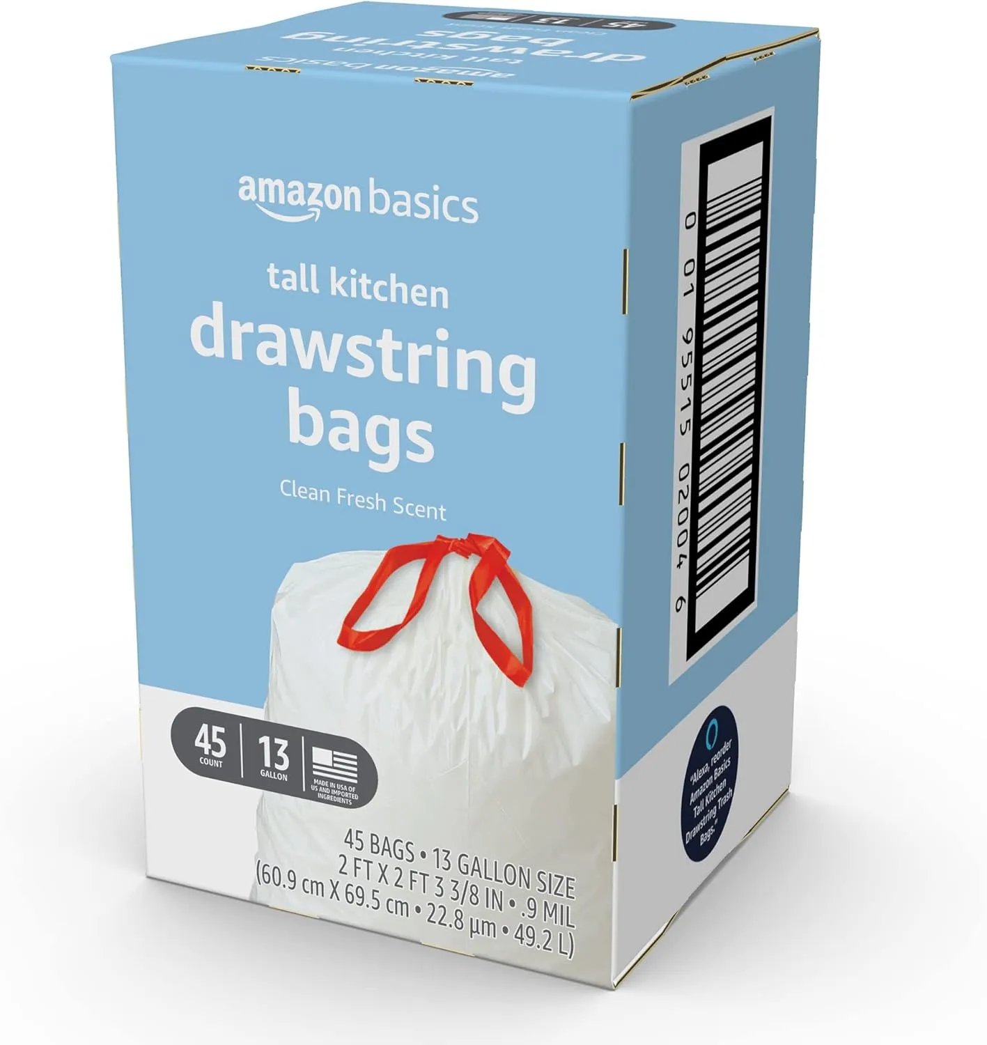 Amazon Basics Tall Kitchen Drawstring Trash Bags, Clean Fresh Scent, 13 Gallon, 45 Count (Previously Solimo)