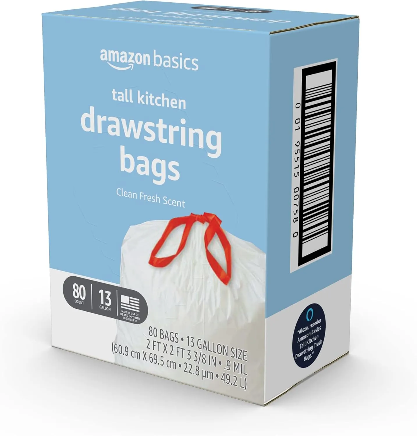 Amazon Basics Tall Kitchen Drawstring Trash Bags, Clean Fresh Scent, 13 Gallon, 80 Count (Previously Solimo)
